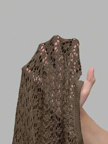 春夏新款女式优雅透视长袖钩针短款罩衫连衣裙，系带腰带针织连衣裙，V 领沙滩裙，适合派对、日常穿着 - 棕色 - 查看 7