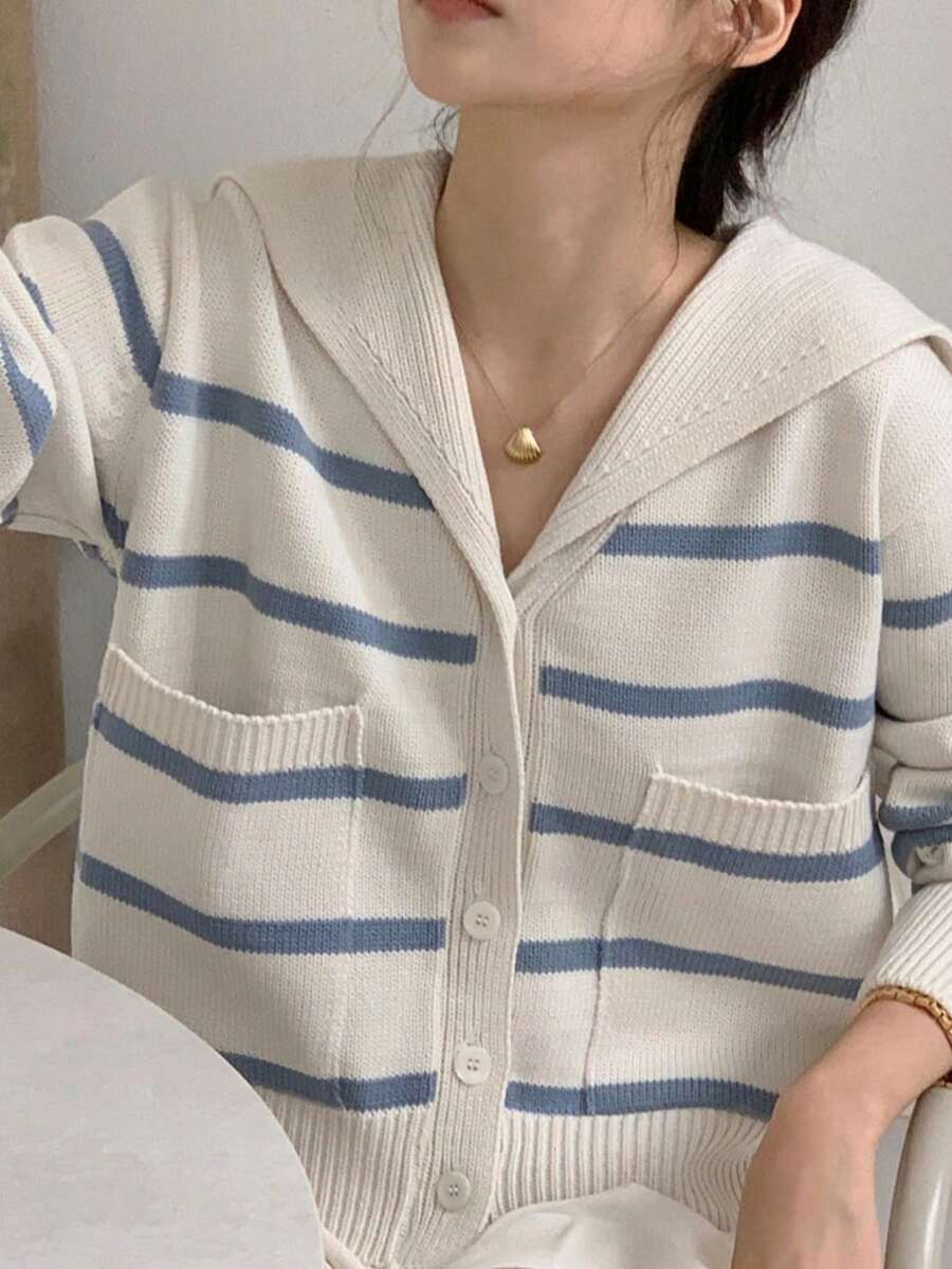 Women's Sailor Collar Striped Colorblock Button Front Long Sleeve Cardigan Sweater, Fall&Winter Casual Loose Fit Pockets Cozy Fashion Stylish Soft Knit Cardigan, Women Fall, Winter For Women, Cute Autumn Top
