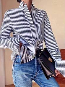 Women's Fashionable Commuter Loose Striped Long Sleeve Shirt Spring - Blue - View 3