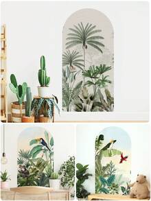1pc Jungle Green Foliage Plant Arch Wallpaper Self Adhesive Decal Headboard Desert Green Wall Sticker Bohemian Style Wall Art Makeover Waterproof Mural Peel And Stick - Multicolor - View 1
