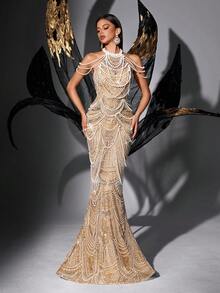 Luxury Handmade Beaded Sequin Backless Formal Dress, V-Neck - Champagne - View 6