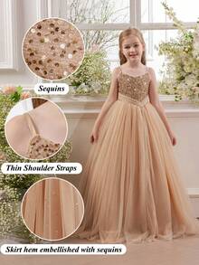 少女金色亮片网纱薄纱派对礼服，优雅公主裙，适合女孩生日派对、青少年正式晚宴、花童、伴娘、舞会、节日庆典 - 香檳色 - 查看 3