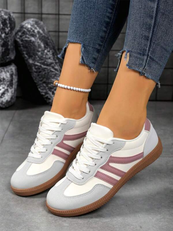 Plus Size Retro Color Block Lace-Up Flat Casual Sports Shoes, Outdoor Student Lightweight Travel Sneakers, All Season