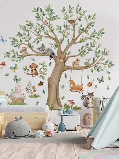 2pcs/1PC Wall Decals -[Big Tree Cartoon Animal Swing Wall Sticker, Big Leaf Plant Cute Animal Wall Sticker] PVC Self-Adhesive Removable Wall Stickers For Nursery, Kids' Room, Playroom, Or Classroom – Cute & Creative Wall Decor For Any Space