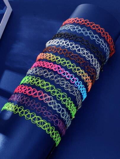 12 Pcs Y2k Colorful Hollow Elastic Tattoo Choker Necklaces Set Party Music Festival Jewelry