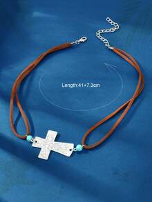 1 件串珠和十字架装饰双层棕色皮革颈链女士西部饰品 - 棕色 - 查看 3