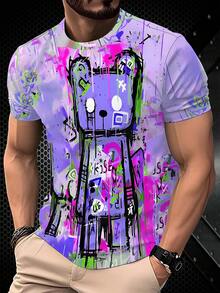 Camiseta de manga corta con estampado de graffiti colorido para hombres de talla grande, moda casual de cuello redondo, estilo hip hop y urbano - Multicolor - Ver 6