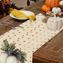1pc Autumn Gratitude Sister Theme Table Runner - Pumpkin With Green Leaves And Black Grid Design, Suitable For Holiday Parties, Kitchen Dining, Home Decoration, Durable Polyester Material Holiday Table Decoration, Holiday Table Decoration, Autumn Harvest Theme Decoration, Bow Decoration, Autumn And Thanksgiving Decoration.