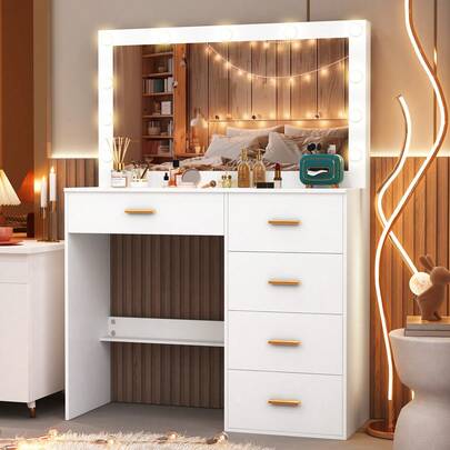White Vanity Table Set Makeup Dressing Desk With LED Mirror, 5 Drawers,11 LED Bulbs, 3 Color Modes, Dimmable Brightness, Makeup Dressing Table With Large LED Lights Mirror For Girls Bedroom