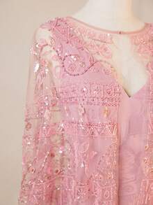 Glamorous Heavily Embroidered Floral V-Neck Sleeveless Dress With Shawl - Pink - View 1