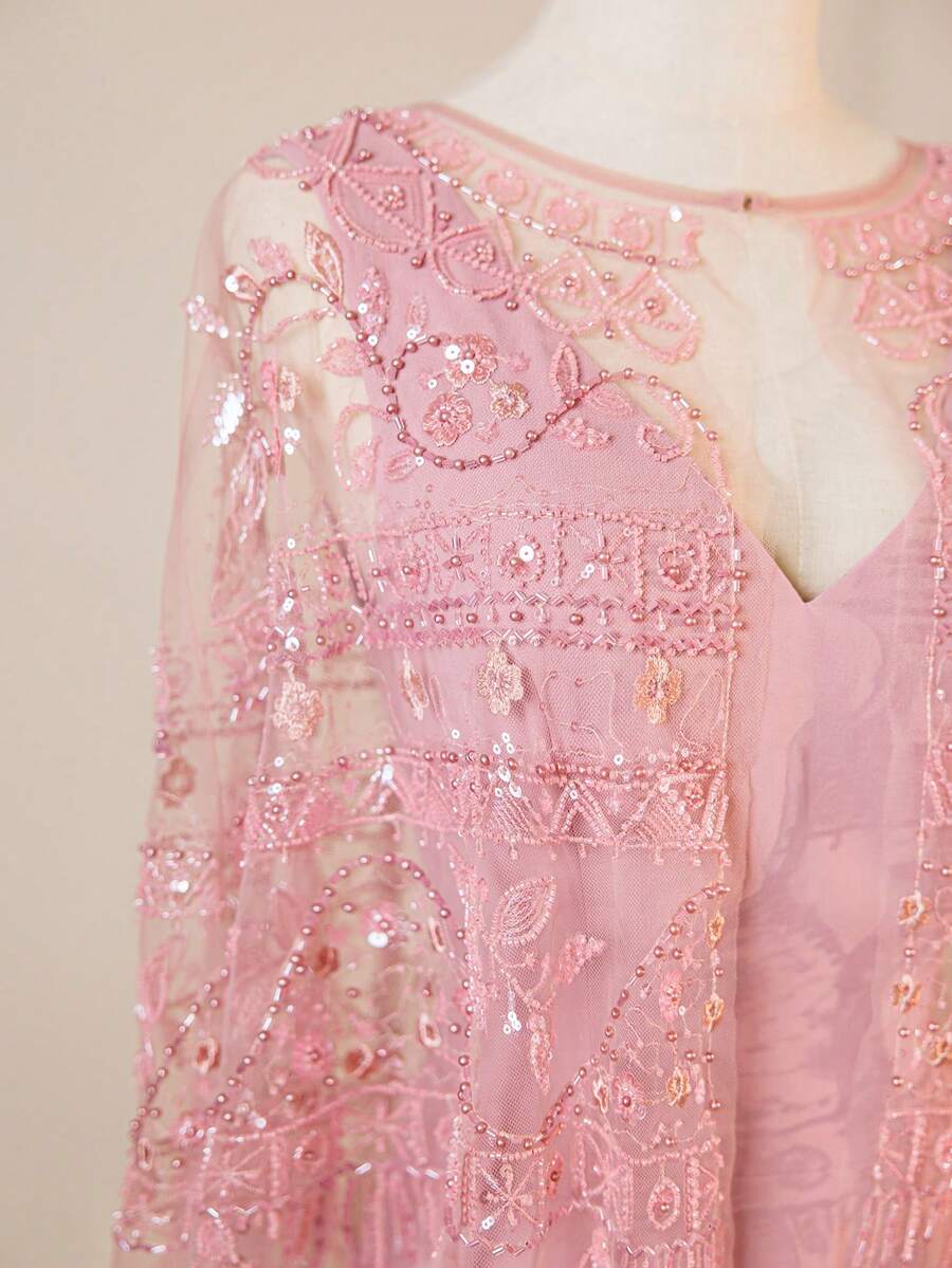 Glamorous Heavily Embroidered Floral V-Neck Sleeveless Dress With Shawl - Pink - View 1