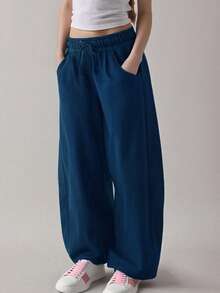 Drawstring Sweatpant For Women Casual  Solid Color Loose Wide Leg Trouser With Pockets - Navy Blue - View 2