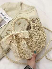1 pieza Bolso bandolera semicircular tejido con cordón para mujeres, bolso de tote de moda para vacaciones adecuado para viajes y compras diarias, bolso de playa llamativo para el verano, bolso de playa de paja de verano para mujeres