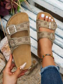 Summer Fashion Slippers, Floral Design Upper, Stylish & High-End, Buckle Design, Comfortable Women Slippers - Brown - View 1