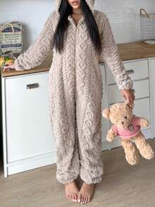 1pc Women's Hooded Fluffy Jumpsuit With Ears, Heart Pattern, Solid Color, Cute, Comfortable, Warm, Suitable For Autumn/Winter, Cozy Outfits - Camel - View 3