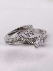 男女情侶時尚戒指套裝，1入不銹鋼男戒和2入銀色心形女戒，適用於婚禮、訂婚和禮品