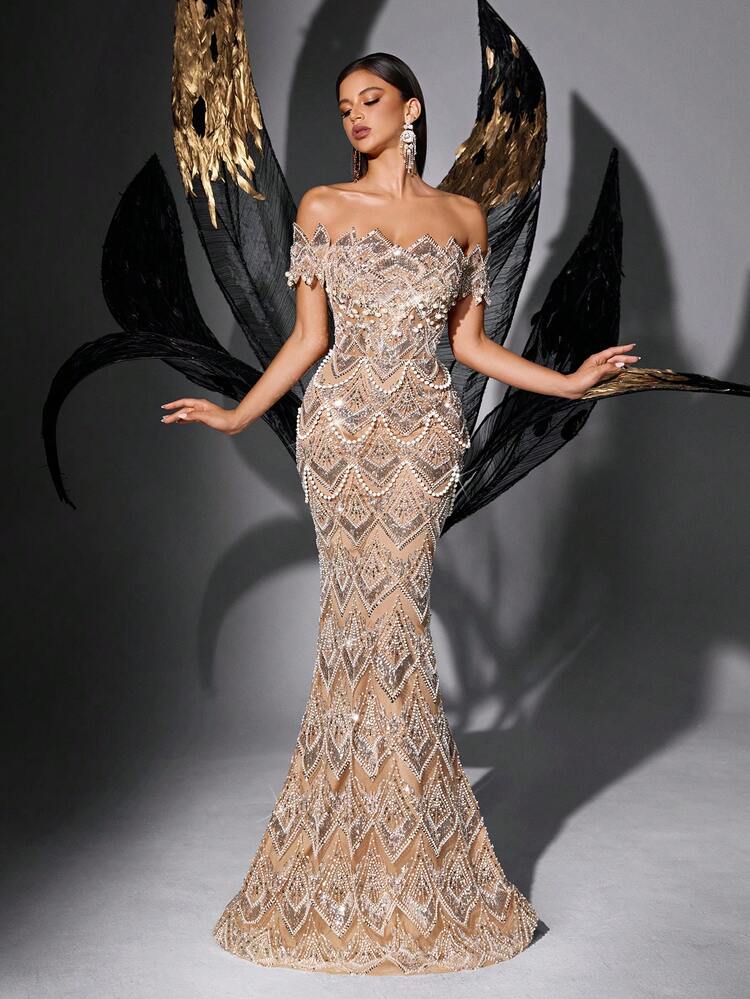 Women's Glamorous Fashion Sequin Beaded Off Shoulder Elegant Party Dress Wedding Spring - Champagne - View 4