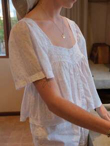 Women Lace Trim Cardigan Shirt Short Sleeve Button Down Ruffle Hem Blouse Summer Boho Tops Y2K Vintage Going Out Tops - Màu be - Xem 4