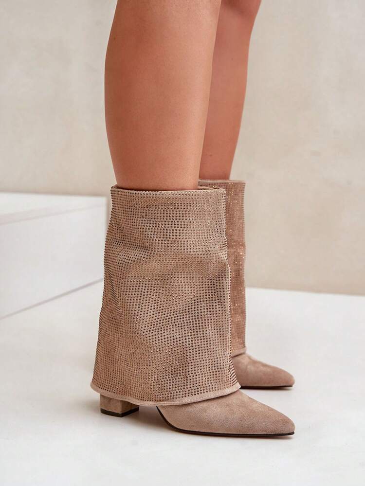 Women's Fashion Rhinestone Decor High Heel Ankle Boots, Suitable For Commuting - Beige - View 1