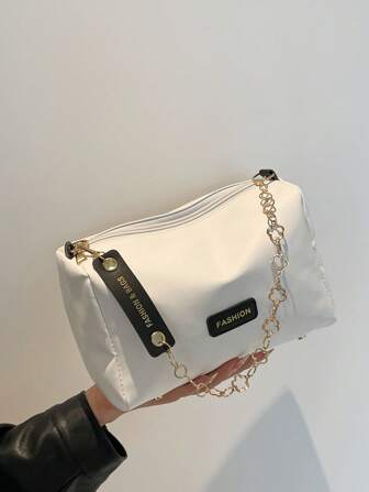 Solid Color Woven Metal Decor Chain Shoulder Crossbody Bag