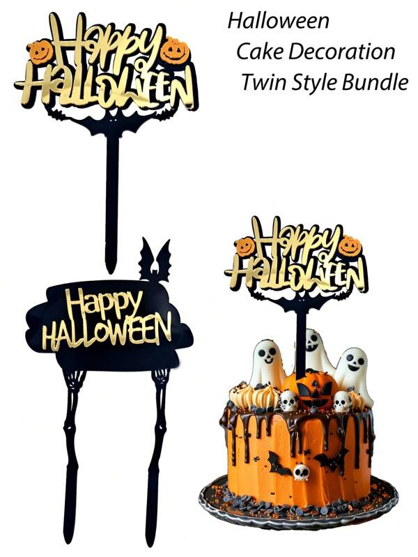 4 piezas/2 piezas/1 pieza Decoración para pastel de Halloween de acrílico, Decoraciones de Halloween, Truco o , Doble capa dorada y negra, Decoraciones para fiesta de Halloween, Suministros para fiesta de calabaza, Recuerdos de fiesta espeluznante reutilizables, Decoración de magdalenas con fantasma, Decoración de mesa de postres, Decoración de mesa con calabaza, murciélago, Truco o , Decoración para hornear, Decoración para magdalenas para fiesta de Halloween. Halloween 2025