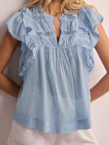 Women's Summer Loose Tank Tops Solid Color Lace Trim Flying Sleeve V-Neck Loose Fit Vest Streetwear - Blue - View 4