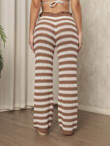 Women's Beach Cover-Up Pants, Crochet, Striped, Knitting, Summer Fashion - 駝色 - 查看 4