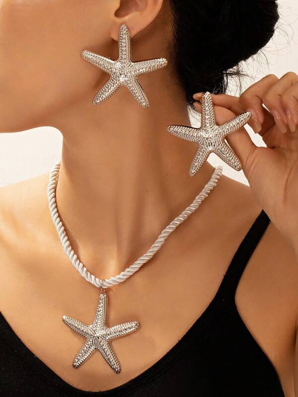 1 Set Of Summer Vacation Beach Style Silver Starfish Pendant Necklace, Personalized Earrings, Women's Jewelry Set