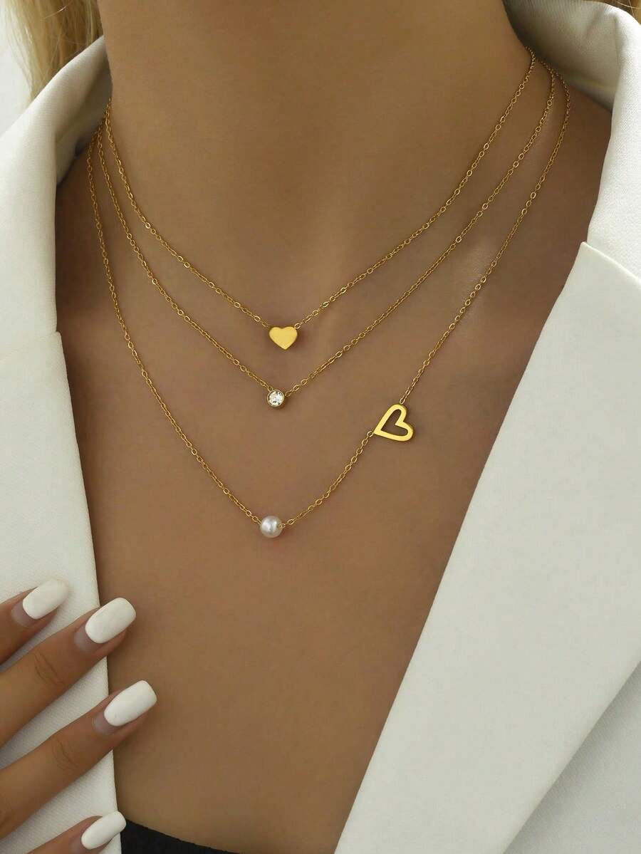1 件三层时尚心形和人造珍珠吊坠女士不锈钢项链情人节、妈妈、母亲、母亲节、礼物 - 金黃色 - 查看 1