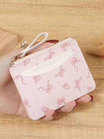 Pink Bow Love Pattern Zipper Small Wallet Coin Pocket Small Purse Bifold Slim Women Wallet MiniThin,Lightweight,Multi Layer Portable,ID Card,Money Credit Card Minimalist,Fashion,Modern,Business,For Anniversary,For Birthday Gift,For Gift,For Girls,For Lady,For Female,Bag School Supplies For School Dorm Room & Back To School