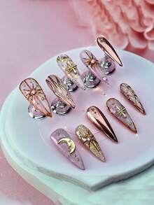 十片奢华复古纯手工美甲贴片，夏季假指甲，按压式假指甲，Y2K法式美甲，哥特朋克风，可重复使用，女士礼物，适合女孩和女士日常佩戴，派对美甲用品，手工按压式假指甲 - 彩色 - 查看 4