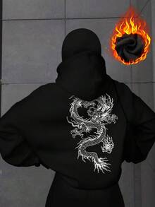 女士秋季返校双连帽开衫卫衣，时尚街中国龙印花双连帽开衫，黑色 - 黑色 - 查看 4