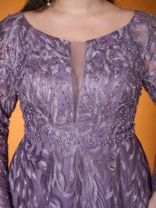 Đầm dạ hội dài tay cổ tròn thêu ren tương phản đính cườm, chất liệu da cao cấp, hàng mới về dành cho nữ, thích hợp cho ngày Valentine. - Bụi hồng - Xem 6