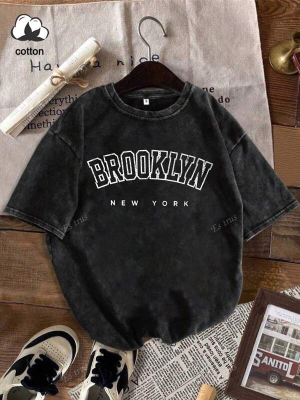 Cotton, Summer Women's Fun Print "Letter" Personality Pattern T-Shirt Cute Top, Korean Comfortable Retro Fashion Commuting All-Match Y2k Clothing Women's Clothing, Street Regular Niche Punk Rock Washed T-Shirt Round Neck Short Sleeve