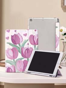 Light Purple Oil Painting Tulip Print IPad Case Compatible With IPad (A16) 11th Generation 11 Inch 2025, Apple IPad Air 11(2025), For IPad 10th Generation Case 10.9 Inch 2022 With Pencil Holder, Trifold Stand Protective Cover, Auto Wake/Sleep, Cute Gift For Back-To-School, Valentine's Day, Holidays