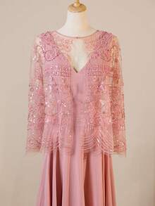 Glamorous Heavily Embroidered Floral V-Neck Sleeveless Dress With Shawl - Pink - View 7