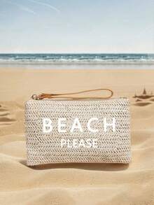 1PC Letter Print Straw Woven Casual Clutch Bag, Braided Single Small Wallet, Vintage Straw Woven Handbags, Boho Style Summer Beach Bag, Minimalist Straw Bag, Women's Braided Tote Bag For Travel Picnic, Perfect For Summer Beach Travel Vacation, For Outdoor, Holiday, Women's Zipper Handbags For College, Middle School, High School, Back To School, Travel, Outdoors For Teen Girls, For School Student, For Teenagers Vintage Soft - Khaki - View 6