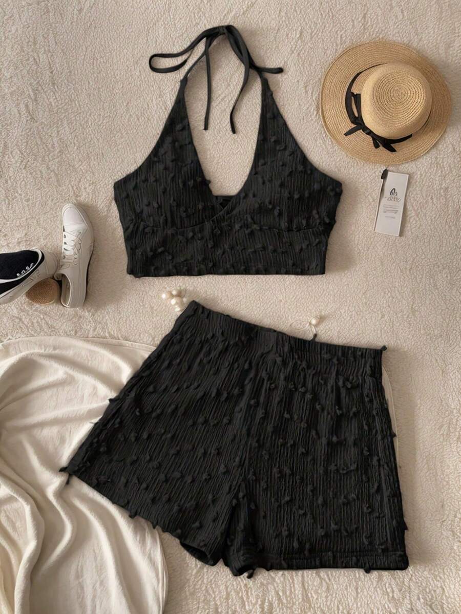 Sleeveless Short Top And Shorts For Women,Summer 2 Piece Sets Swimsuit - Black - View 1