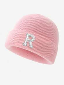 1pc Women's Fashion 26 Faux Pearl Letter Decor Elastic Warm Knit Hat, Outdoor Cold-Proof Cap, Suitable For Autumn/Winter Daily Wear, Matching, Great Gift Autumn Accessories - Pink - View 19