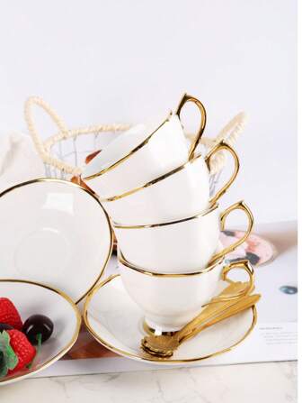 6 Cups 6 Saucers / 4 Cups 4 Saucers With Spoons, Luxury European Style Gold-Plated Ceramic Coffee Cup And Saucer Set, Suitable For Office, Home, Bar, Restaurant, Car, Outdoor, Leisure Bar, Cafe