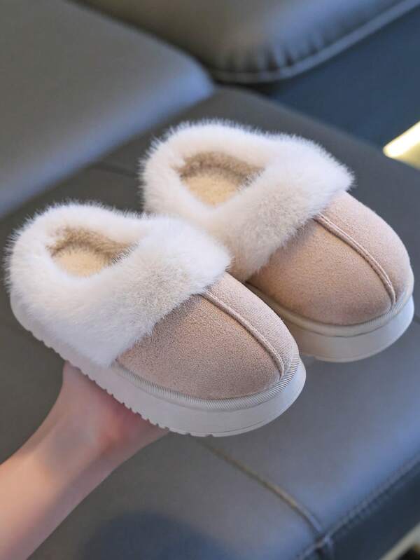 Children's Slippers, Warm & Casual For Autumn/Winter, Small/Medium/Large Size For Boys & Girls, Students Indoor Home Plush Slippers, Parent-Child Style, Soft Sole Anti-Slip Thick Bottom, Grey/Pink/Camel Color, Dirt-Resistant & Warm Couple Slippers