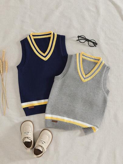 两件装男童无袖撞色针织毛衣上衣，学院风秋季款