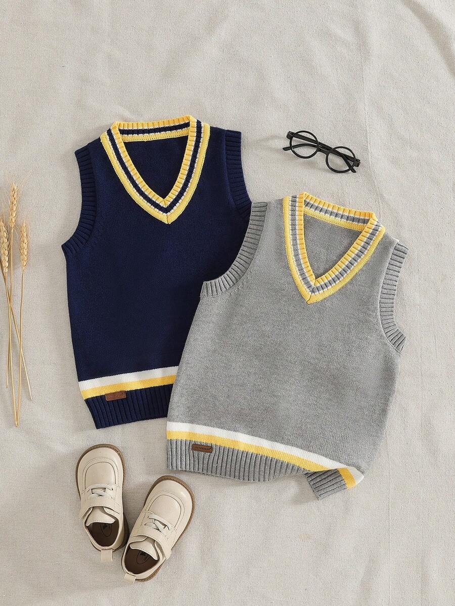 两件装男童无袖撞色针织毛衣上衣，学院风秋季款 - 彩色 - 查看 1