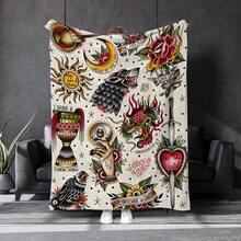 Ink Tattoo Blanket, Wolf Head Sun Moon Sword Bird Painting, Red Yellow Blue And Green Art Display, Standing In Front Of Black Sofa, Unique Cultural Style Home Decoration. Casual Shawl, Traveling-Rug, Polyester Material-Suitable For All Seasons, Bedroom, Sofa, Bed, Car. , Suitable For Bed, Sofa, Camping And Travel, Durable And Comfortable Decorative Shawl And Blanket, For Dear Friends, Siblings, Parents, Objects, Suitable For Halloween And Christmas Decorations, Home Decorations, Birthday And Anniversary Gifts For Friends And Relatives