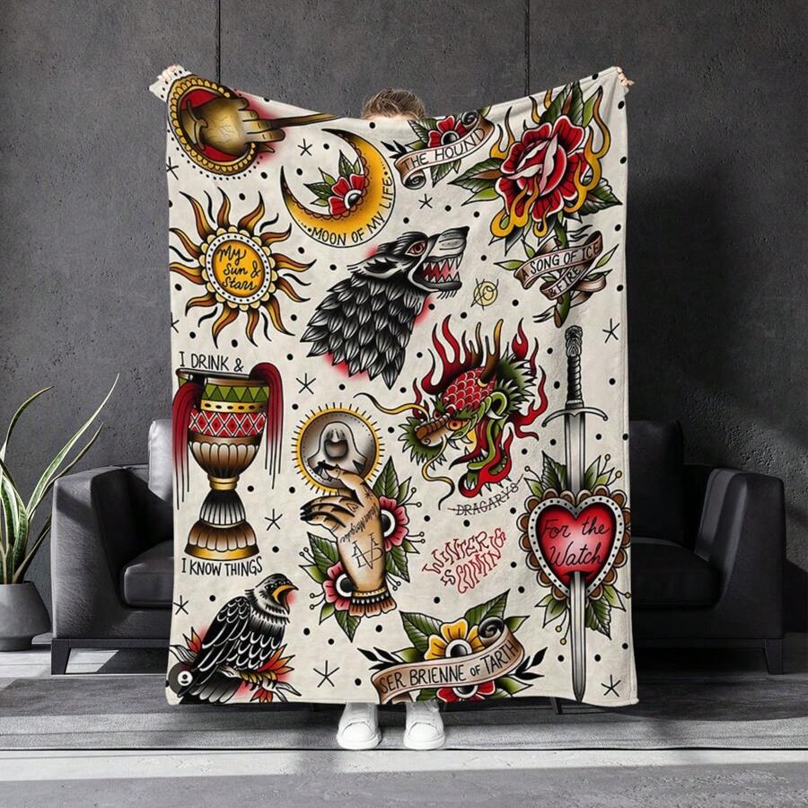 Ink Tattoo Blanket, Wolf Head Sun Moon Sword Bird Painting, Red Yellow Blue And Green Art Display, Standing In Front Of Black Sofa, Unique Cultural Style Home Decoration. Casual Shawl, Traveling-Rug, Polyester Material-Suitable For All Seasons, Bedroom, Sofa, Bed, Car. , Suitable For Bed, Sofa, Camping And Travel, Durable And Comfortable Decorative Shawl And Blanket, For Dear Friends, Siblings, Parents, Objects, Suitable For Halloween And Christmas Decorations, Home Decorations, Birthday And Anniversary Gifts For Friends And Relatives
