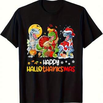 A Mens Print Round Neck T Shirt Happy Halloween T Rex Friends With Turkey And Pumpkin   Wearing   And Summer 220g Cotton220g Heavy-Duty Pure Cotton T-Shirt, Fashionable And Comfortable Wo's Cotton T-Shirt, Suitable For Weekends, Travel, Shopping, Outdoor Activities Or Leisure, High-Quality Durable Fabric Suitable For All Seasons, Fashionable Top,