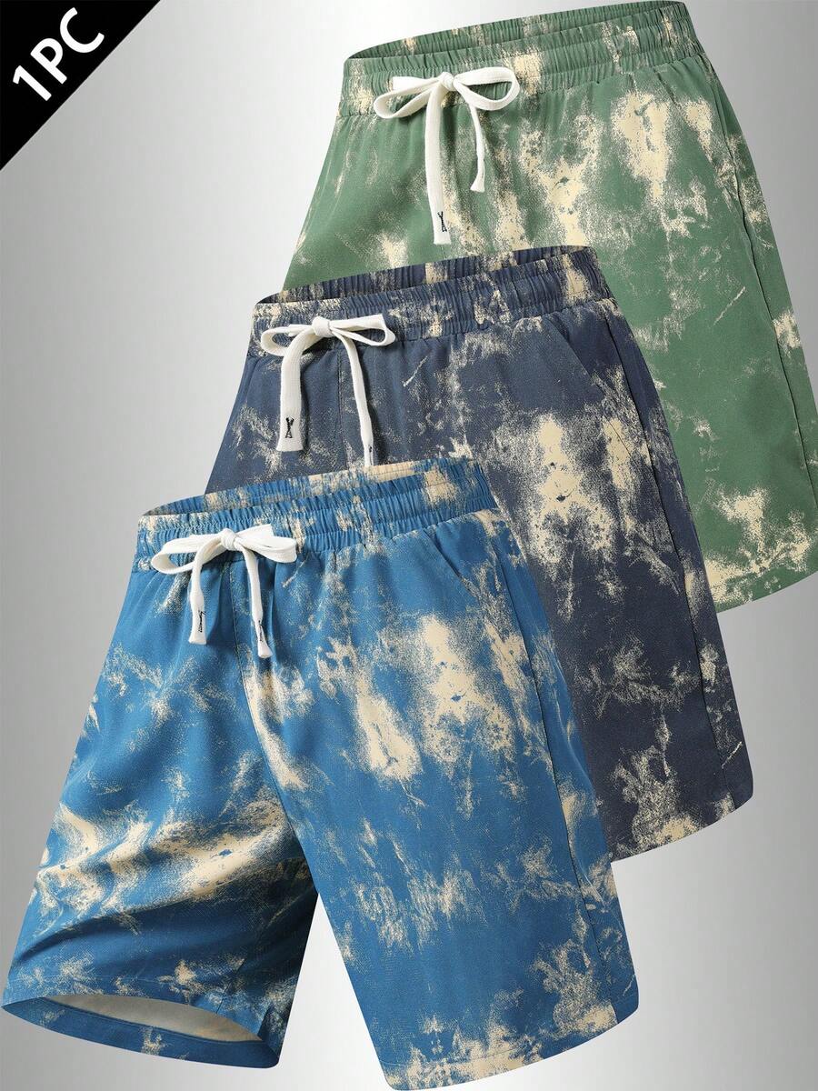 1 par de traje de baño de resort para hombre - Pantalones cortos con estampado teñido con plantas | Fotografía de la playa - lago azul - Ver 1