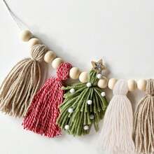 Handmade Christmas Tree Knitted Nordic Style Green & Red Pom Pom Tassel Woven Bohemian Hanging Ornament, Wall Decor Christmas Decoration Home Decor Christmas Decorations Room Decor