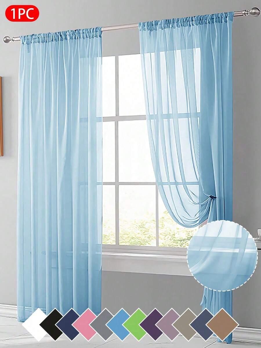 1pc Sheer Voile Curtain, Lightweight Translucent Fabric, Sun Blocking & Heat Insulation, Rod Pocket Top Design, Good Drapability, Suitable For Living Room, Bedroom, Balcony Decor | Autumn Decor, Room Decor - Sky Blue - View 1