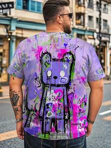 Camiseta de manga corta con estampado de graffiti colorido para hombres de talla grande, moda casual de cuello redondo, estilo hip hop y urbano - Multicolor - Ver 5